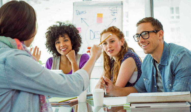 A group of business people in conversation